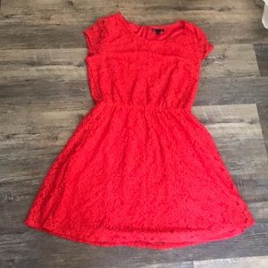Red flowers lace zip back dress
